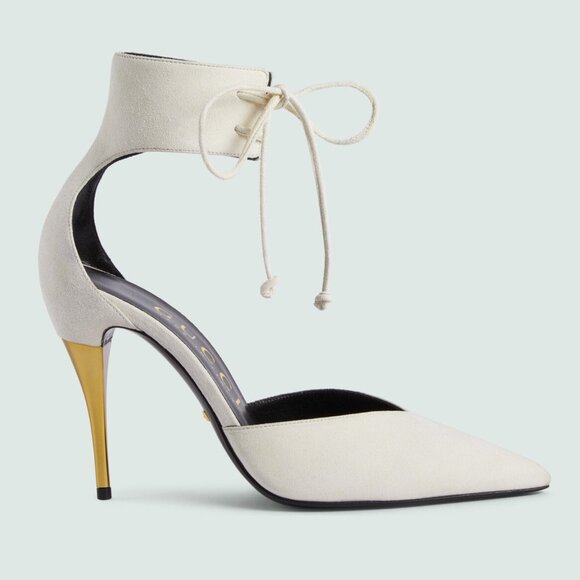 GUCCI SHOES PUMPS WITH ANKLE CUFF GOLD HIGH HEEL WHITE LEATHER sz 41.5 11.5 - Picture 2 of 15